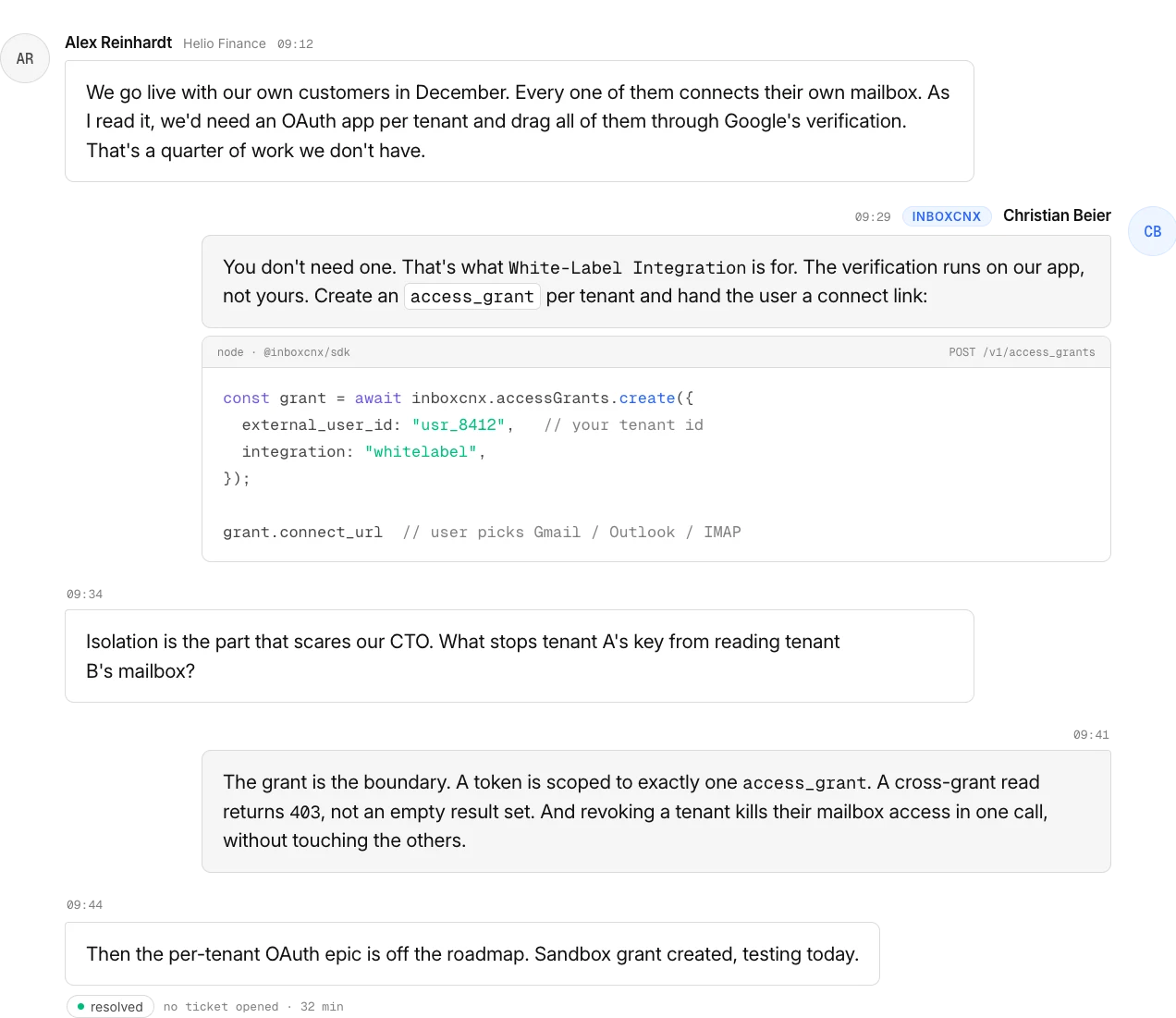 Support thread: developer question about per-tenant OAuth, answered with a White-Label access grant
